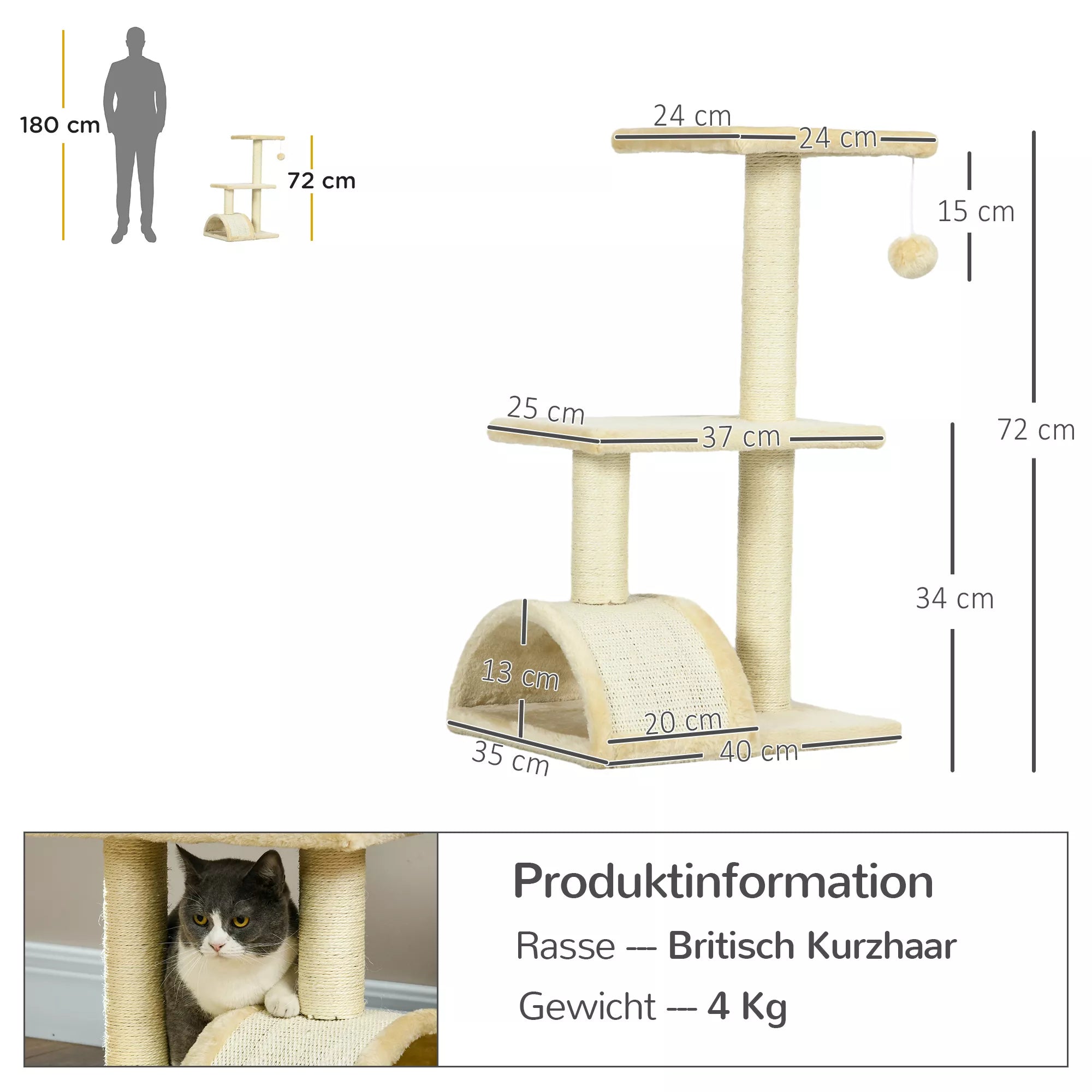 Kačių medis 72 cm, kačių bokštas su pliušiniais kamuoliukais, sizaliniais stulpeliais, platforma, draskykle, kreminės baltos spalvos