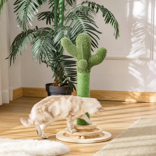 Kačių draskyklė Kaktusas, Kačių medis iš pušies medienos su sisaline virve, draskymo stulpas su medinės kamuoliuko formos žaislu katėms, 60 cm aukščio, žalia+natūrali