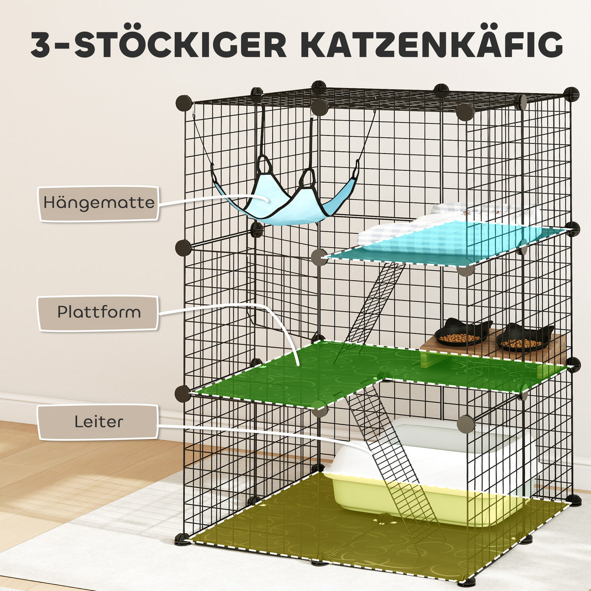 Narvas katėms 70x70x105 cm, modulinis, su platformomis, kopėtėlėmis ir hamaku, kačiukams iki 4 kg, juodas
