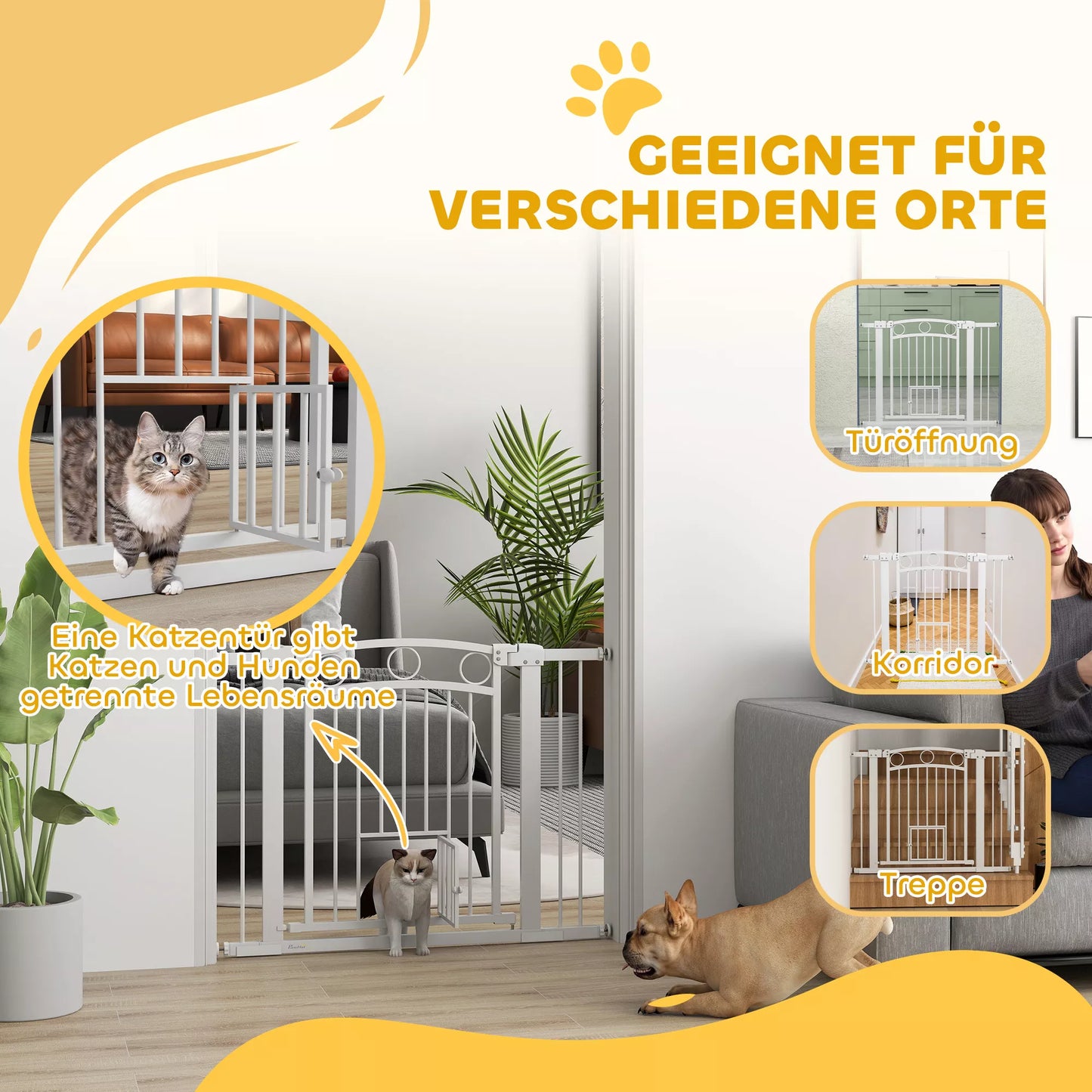 Mājdzīvnieku vārtiņi, 77 cm kāpņu vārtiņi, regulējams platums 76-104 cm, ar kaķu durvīm, kāpnēm un durvju ailēm, balti