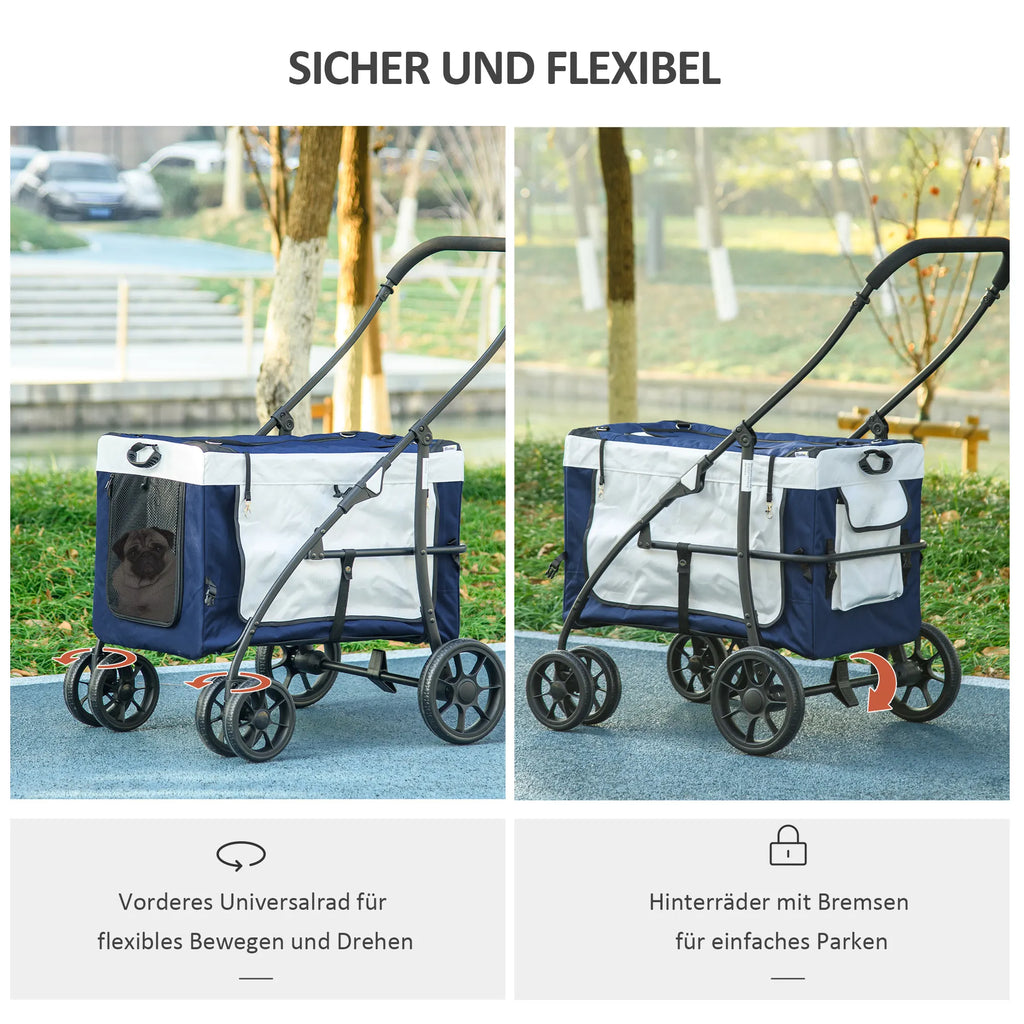 Suņu ratiņi, mājdzīvnieku ratiņi, mājdzīvnieku pārvadātājs līdz 10 kg, salokāmi, regulējami rokturi, noņemams grozs, 81 x 58 x 97,5 cm, melni + zili + balti