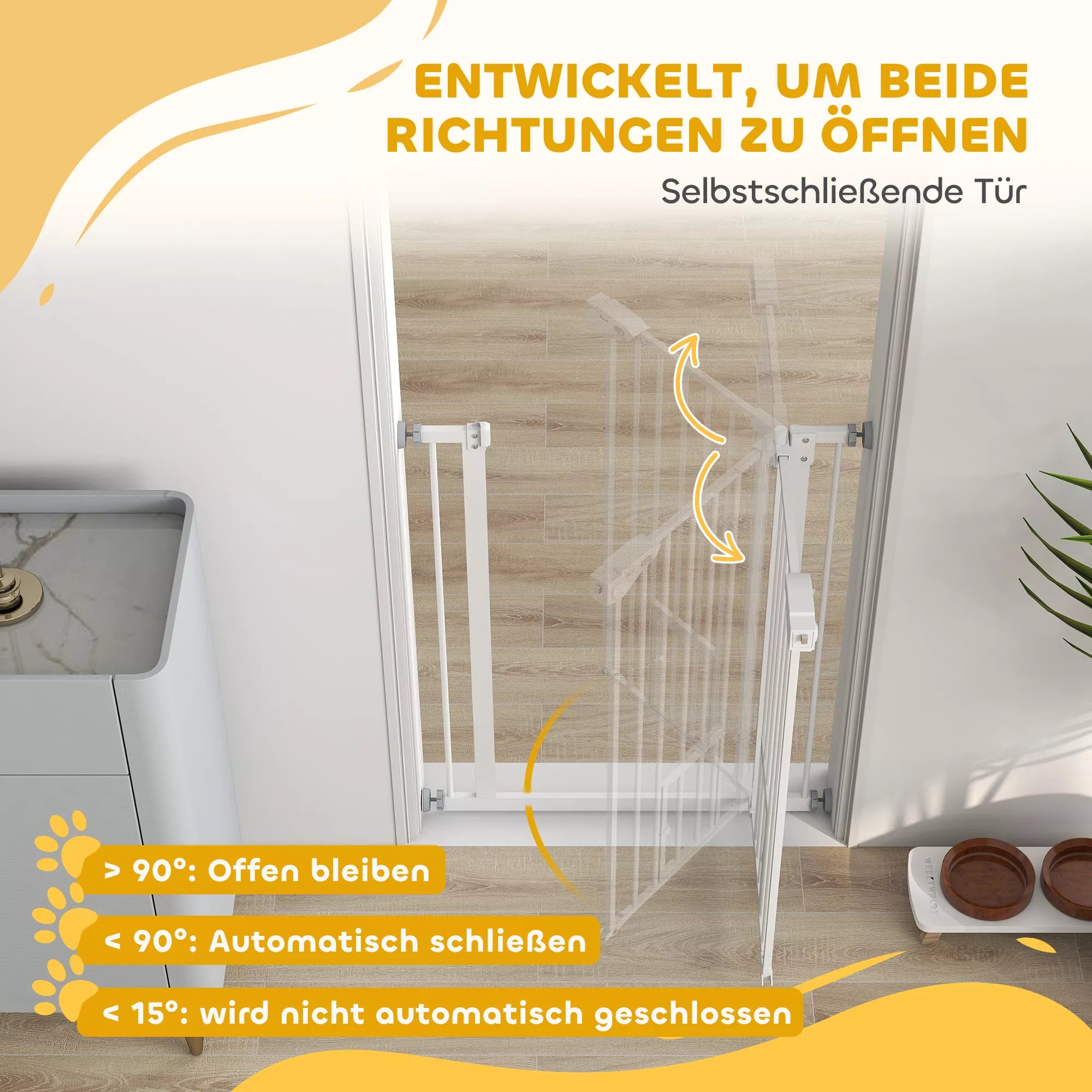 Drošības vārtiņi ar kaķu durvīm, uzstādīšana bez urbšanas, regulējams platums 74-80 cm, atveras ar vienu roku, metāla, balti
