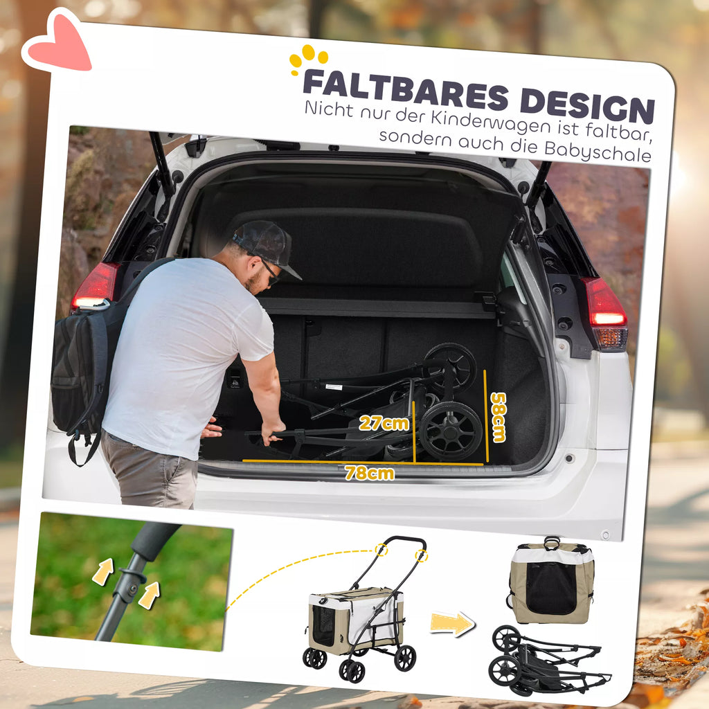 Suņu ratiņi mājdzīvniekiem, saliekami, ar noņemamu grozu, 81 x 58 x 97,5 cm, melni+haki+balti