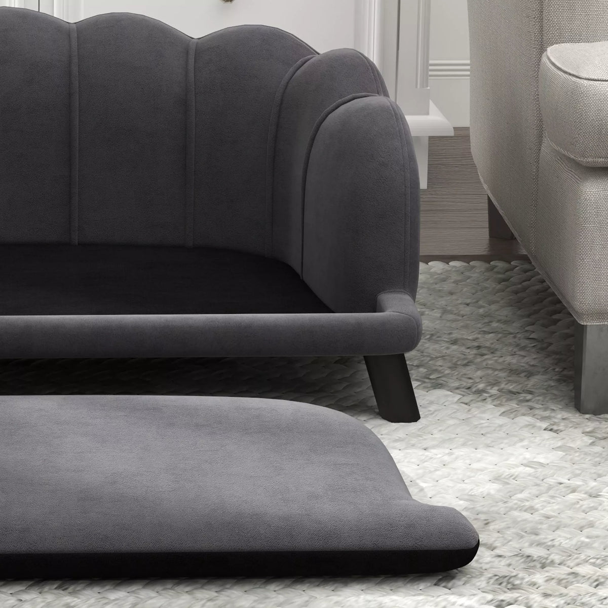 Šunų sofa, skalbiama danga, naminių gyvūnų sofa su atlošu ir medinėmis kojomis, kačių sofa, vidutinio dydžio šunims iki 25 kg, tamsiai pilka