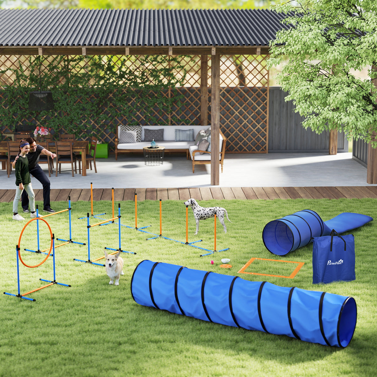 Agility rinkinys šunims, 11 dalių, su 2 tuneliais, šuolių lanku, barjerais ir slalomo stulpais, oranžinis