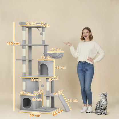 Cat scratching post, 170 cm, with tunnel, niches, large base, sisal posts, light gray