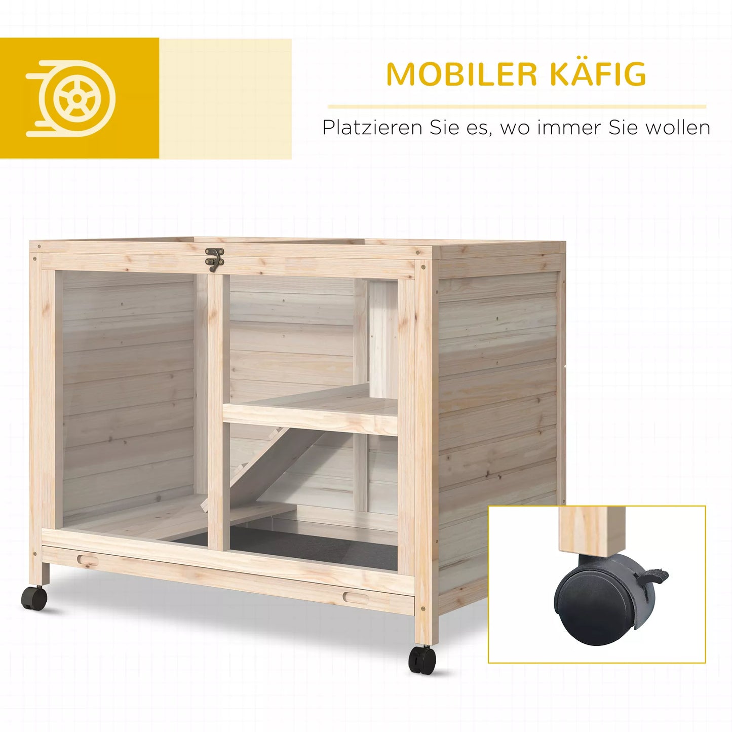 PawHut 2 aukštų voljeras smulkiems gyvūnams, 4 ratukai, sandarus pušies medienos natūralus