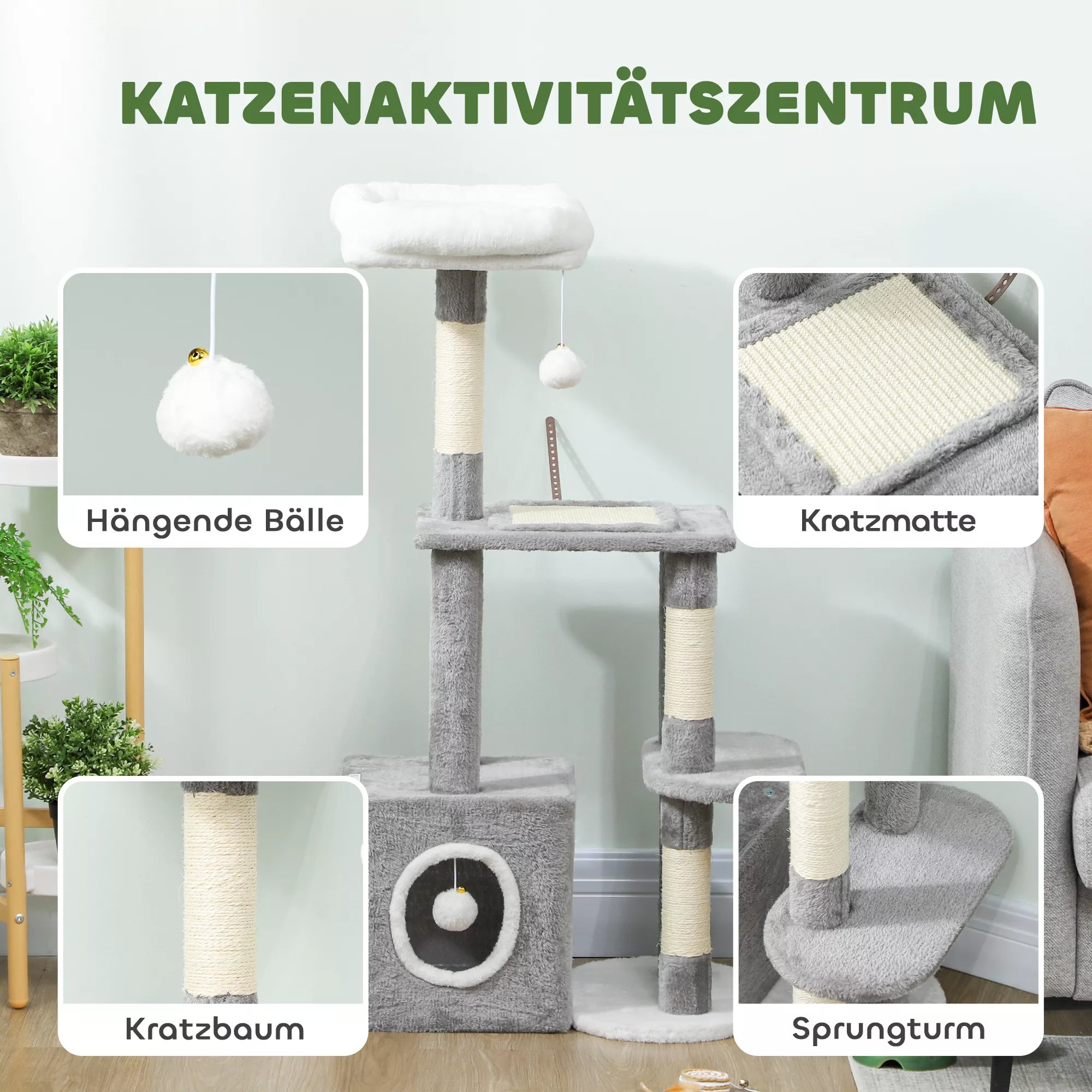 107 cm kaķu māja, kaķu tornis ar alu, 2 plīša bumbiņas, sizala stieņi, liela platforma, 55x40x107 cm, pelēka