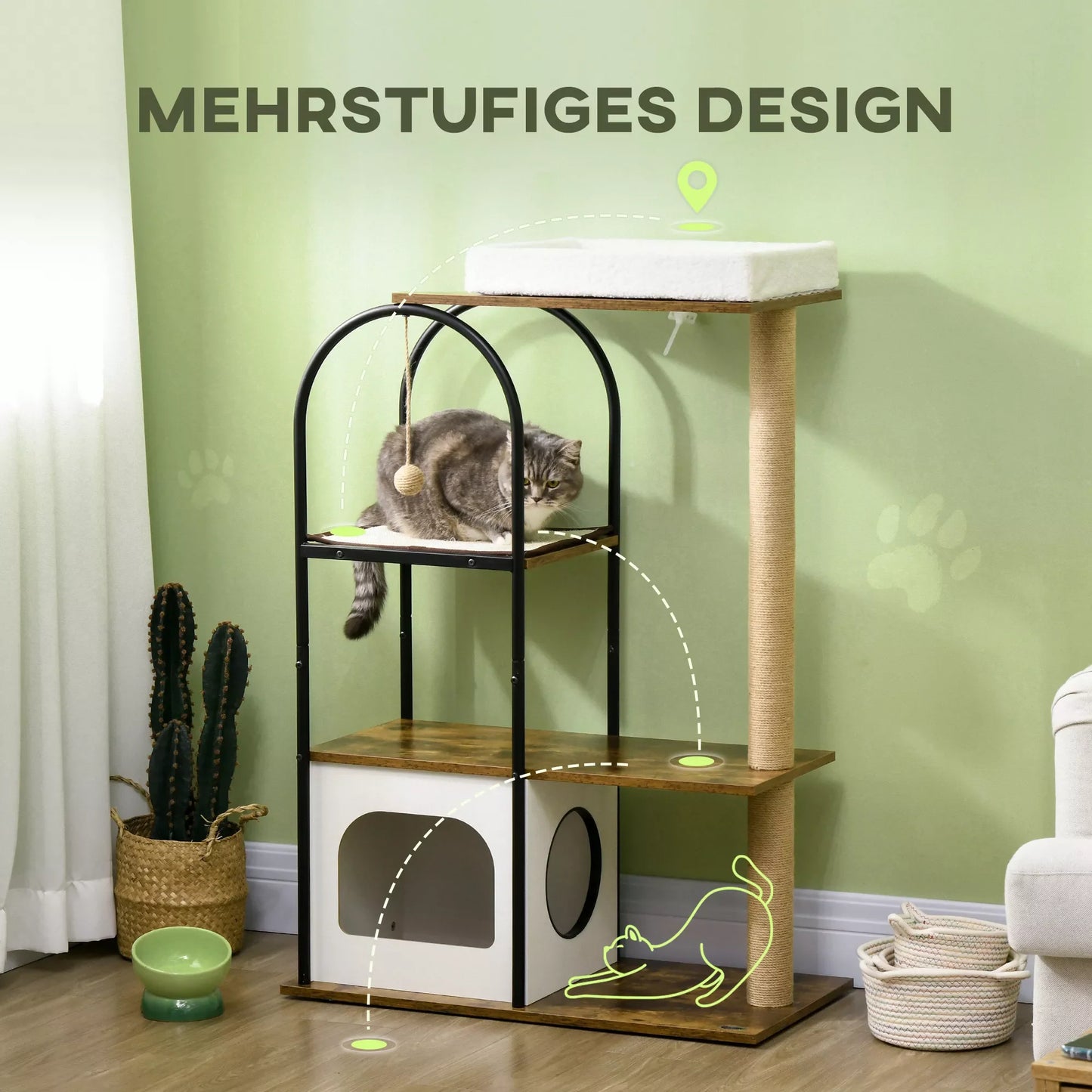 Kaķu māja, 4 stāvu, kaķu mājiņa, rotaļu bumba, pret apgāšanos, 80x40x118,5 cm, brūna/balta
