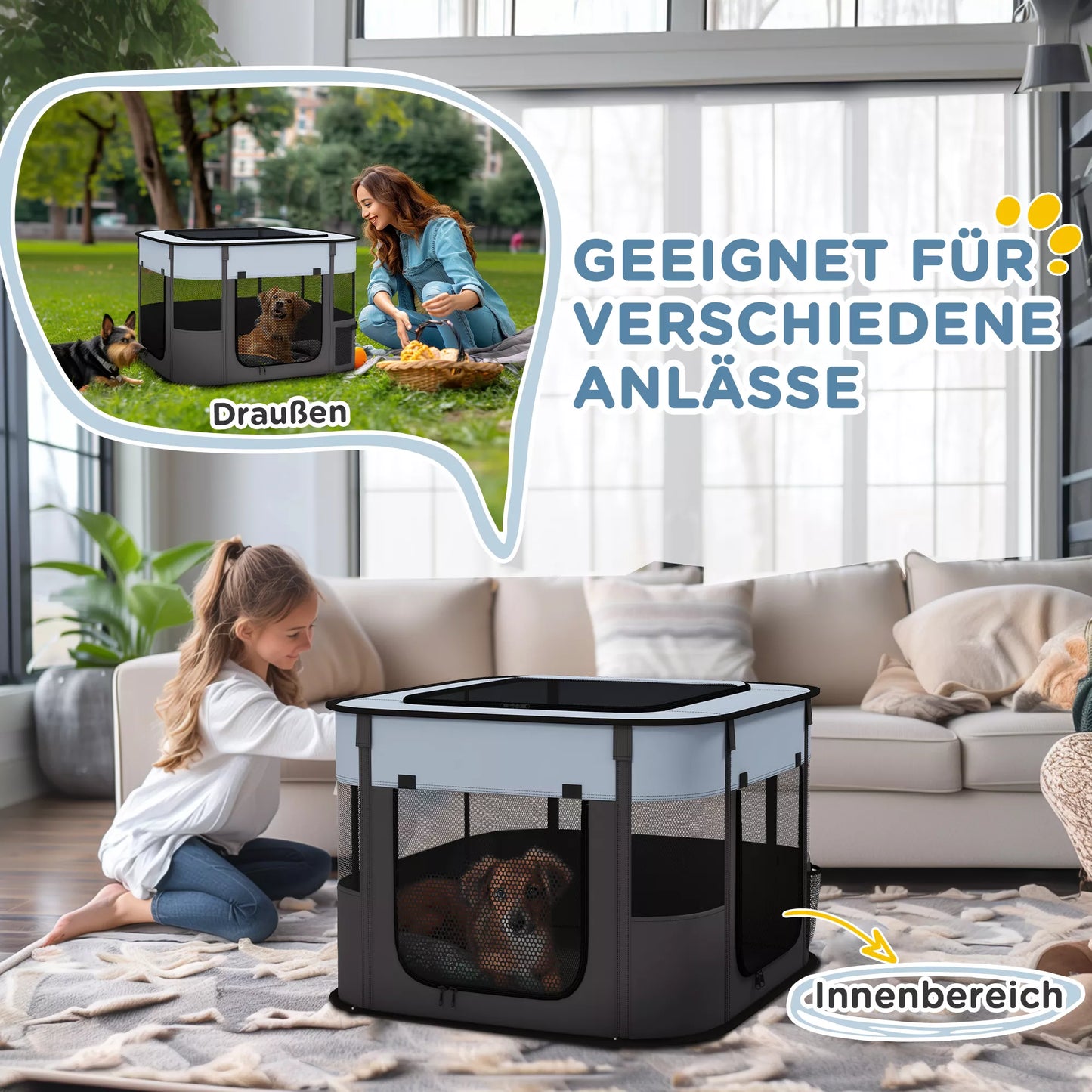 Sulankstomas žaidimų aptvaras naminiams gyvūnams su laikymo krepšiu, skirtas šuniukams ir kačiukams, naudoti lauke ir viduje, pilkos spalvos