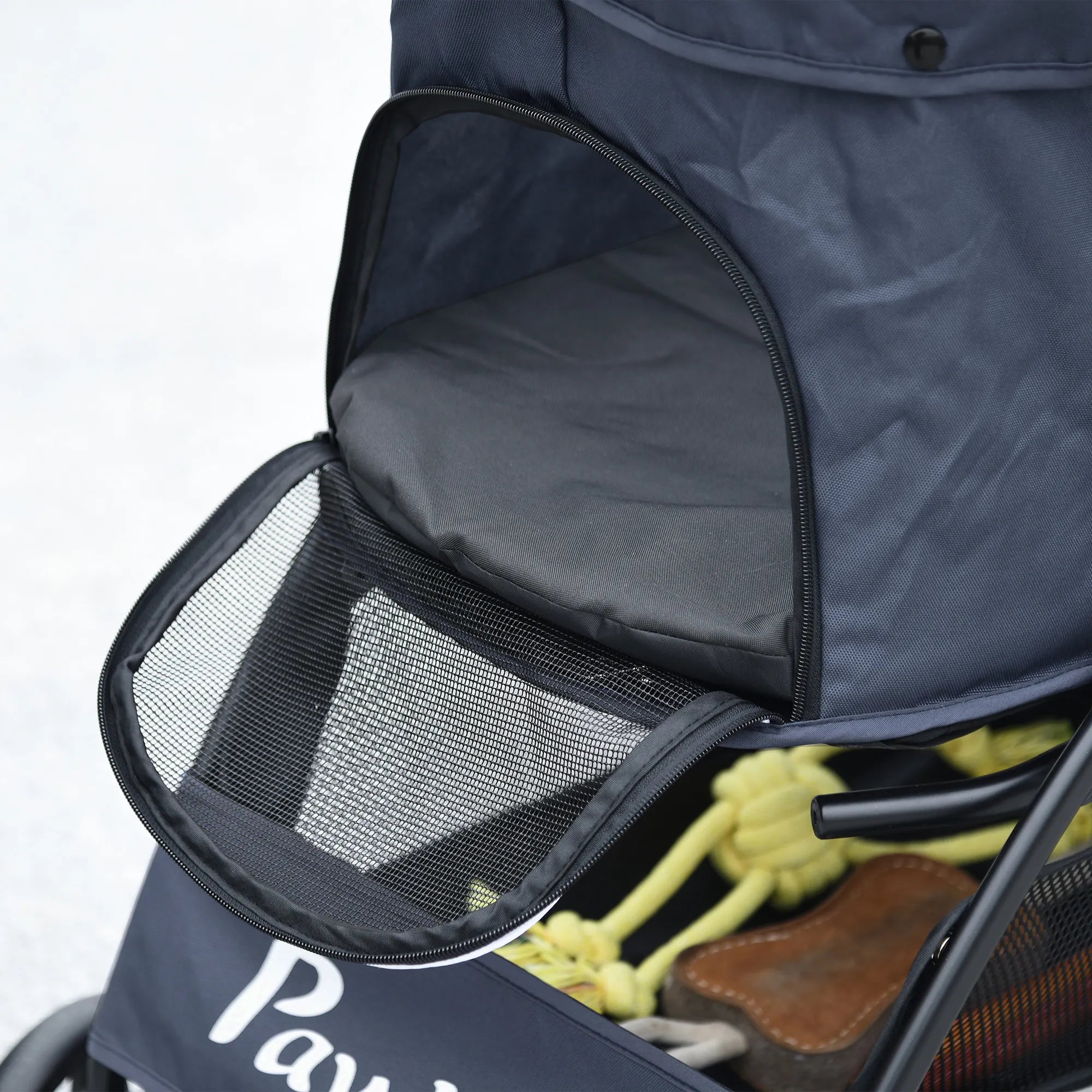 Suņu ratiņi/buggy līdz 10 kg, saliekami, ar apakšējo grozu, spilvenu, sānu kabatu, 81 cm x 48 cm x 99 cm, pelēki