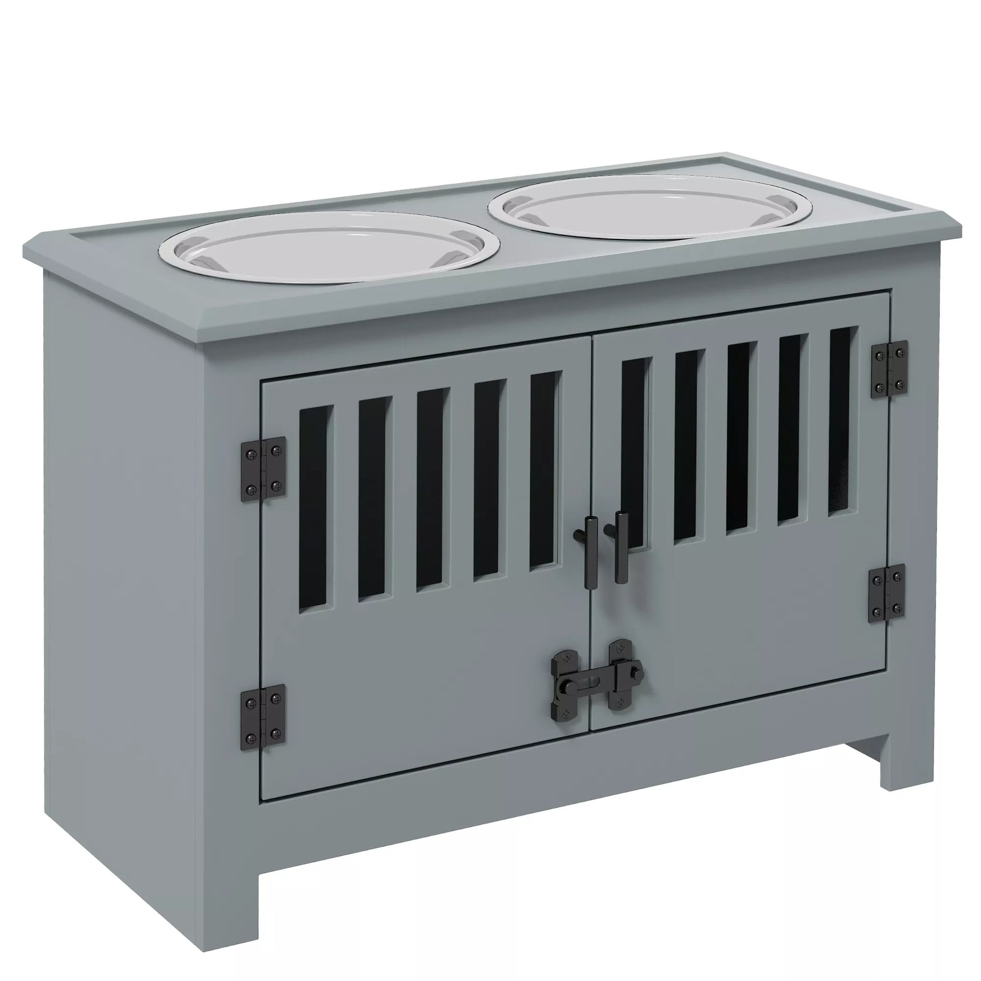 Paaukštinta lesykla dideliems šunims, 2 nerūdijančio plieno dubenėliai, laikymo skyrius, 35,5x60x30 cm, pilka