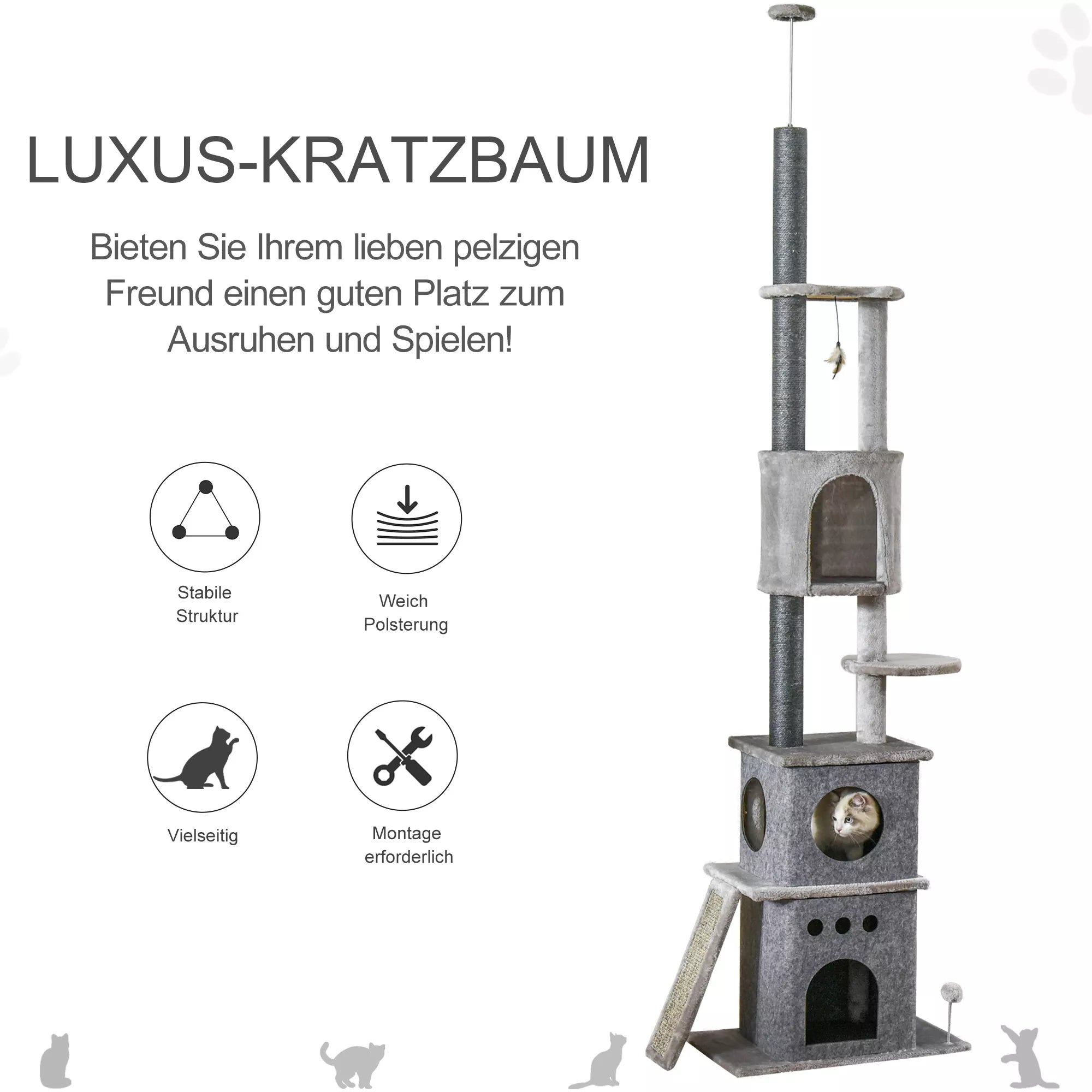 Kaķu skrāpēšanas stabs, griestu augstumā, ar rotaļlietām, sizala, plīša, gaiši pelēks, regulējams augstums, 60 x 40 x 225-255 cm