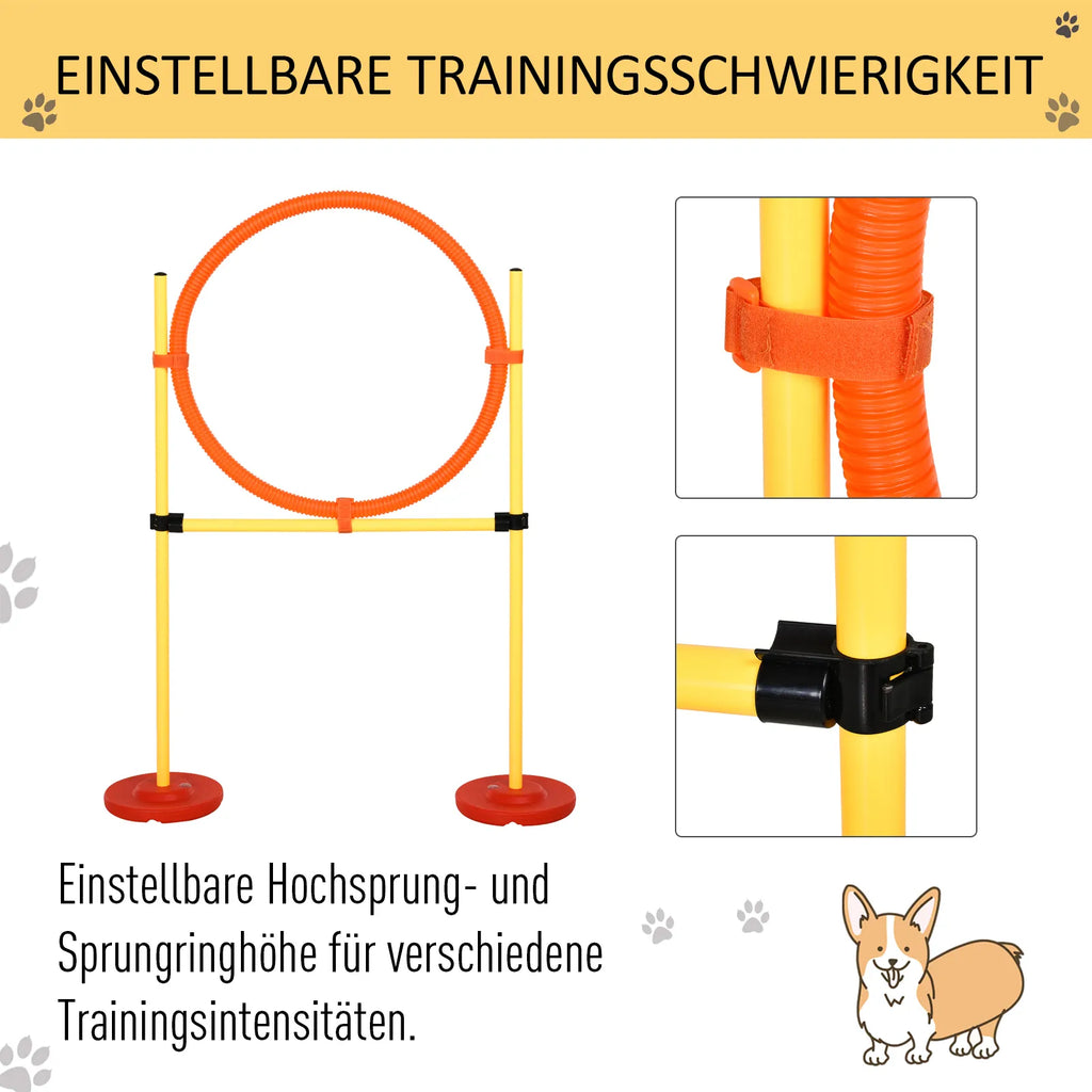 Agility rinkinys šunims, 3 dalių dresūros įranga šunims, vertikalus barjerų rinkinys su 6 slalomo kartimis, reguliuojamo aukščio barjerais, šuolių lanku, transportavimo krepšiu – Agility rinkinys žaidimams ir dresūrai