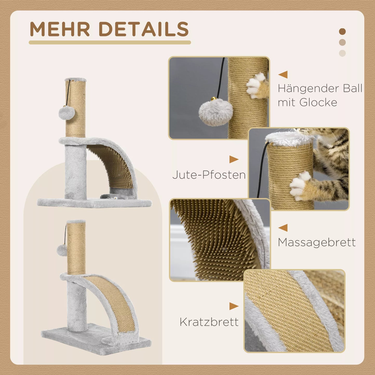 Kačių draskyklė su džiuto apmušalu, kabantis kamuoliukas su varpeliu, draskymo lenta, 34 ilgis x 24 plotis x 43 aukštis cm, pilka