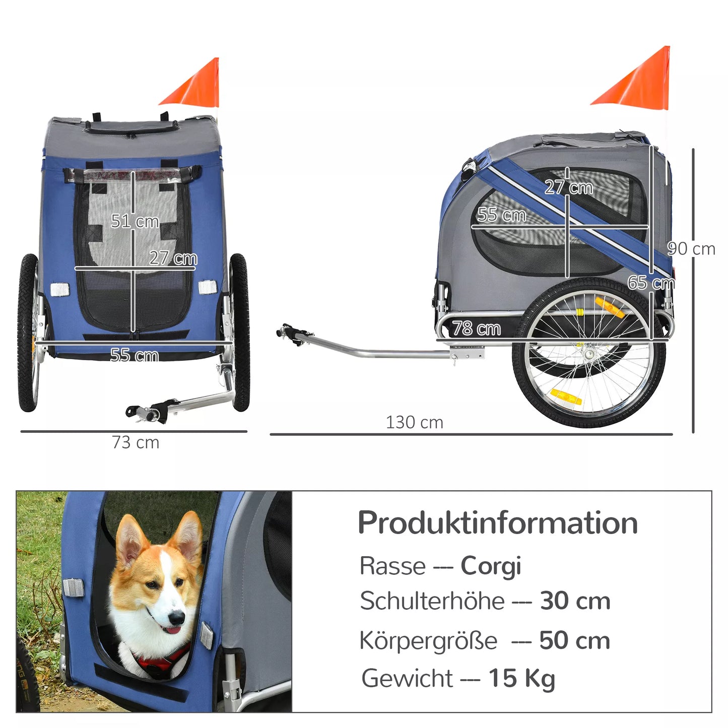 2-in-1 Vežimėlis augintiniams ir dviračiui, iki 20kg, sulankstomas, apsauga nuo lietaus, saugos vėliavėlė, atšvaitai, plienas, pilka+mėlyna, 130 x 73 x 90cm
