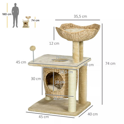 Cat scratching post with cat bed, resting platform, play ball, 45x40x74cm, beige