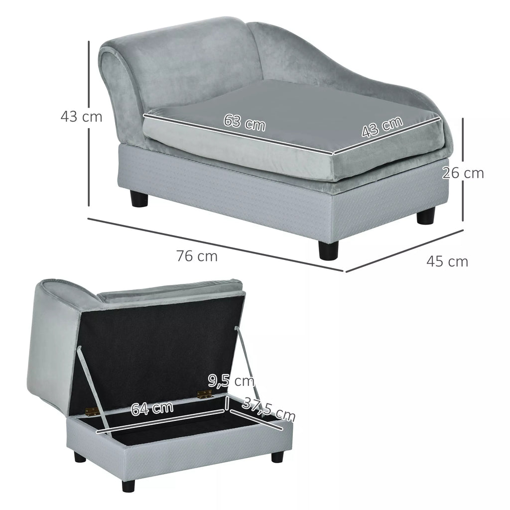 Sofa augintiniui su daiktadėže, minkšta pagalvėle, iki 15 kg apkrovos, pliušiniu užvalkalu, kieto medžio rėmu, šviesiai pilkos spalvos