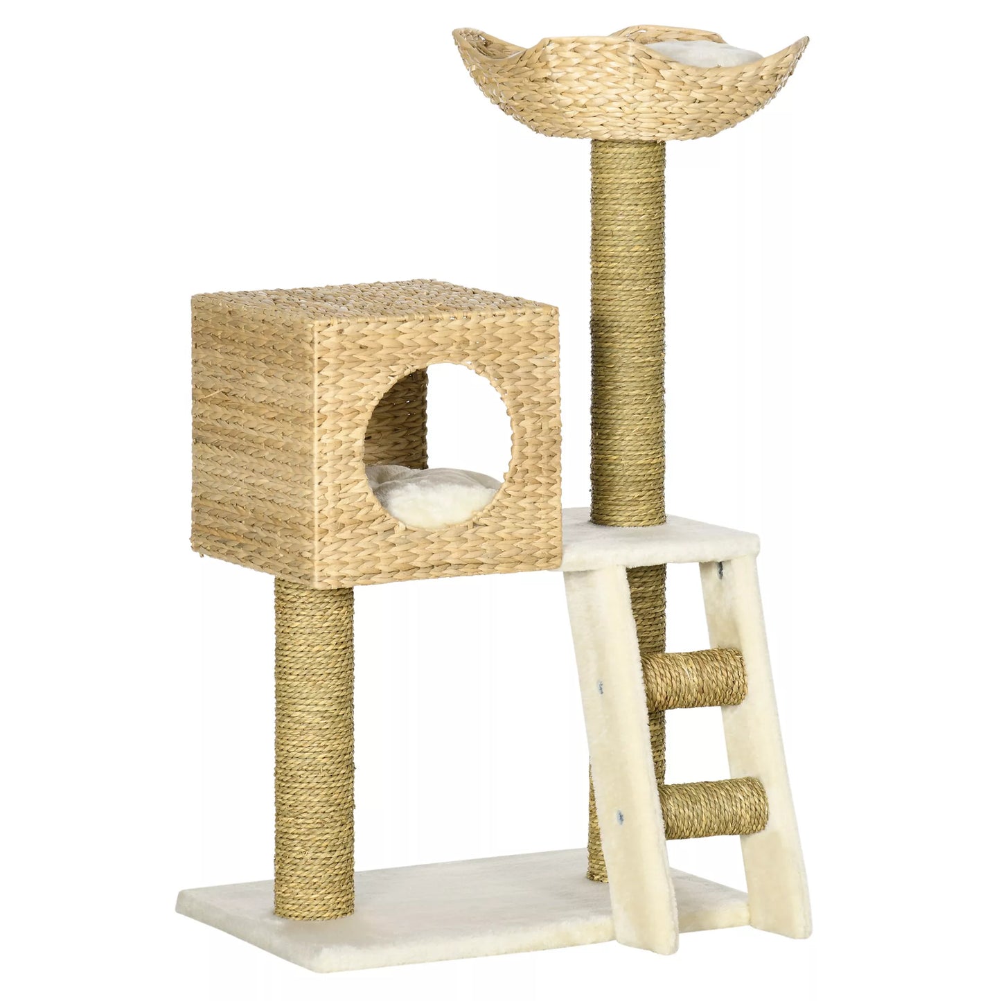 Cat scratching post with house, sisal scratching posts, washable cushions, 100.5 H x 57 W x 37 D cm, White/Natural