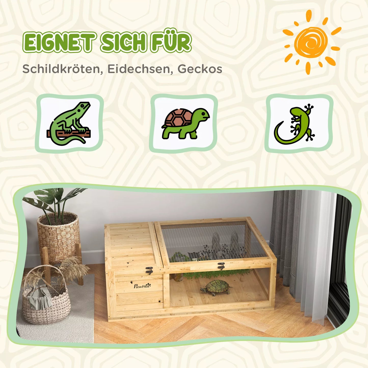 PawHut medinis vėžlių namelis, vėžlių aptvaras su pagrindiniais nameliais, atidaromas viršus, 91 x 60,5 x 32 cm, geltonas