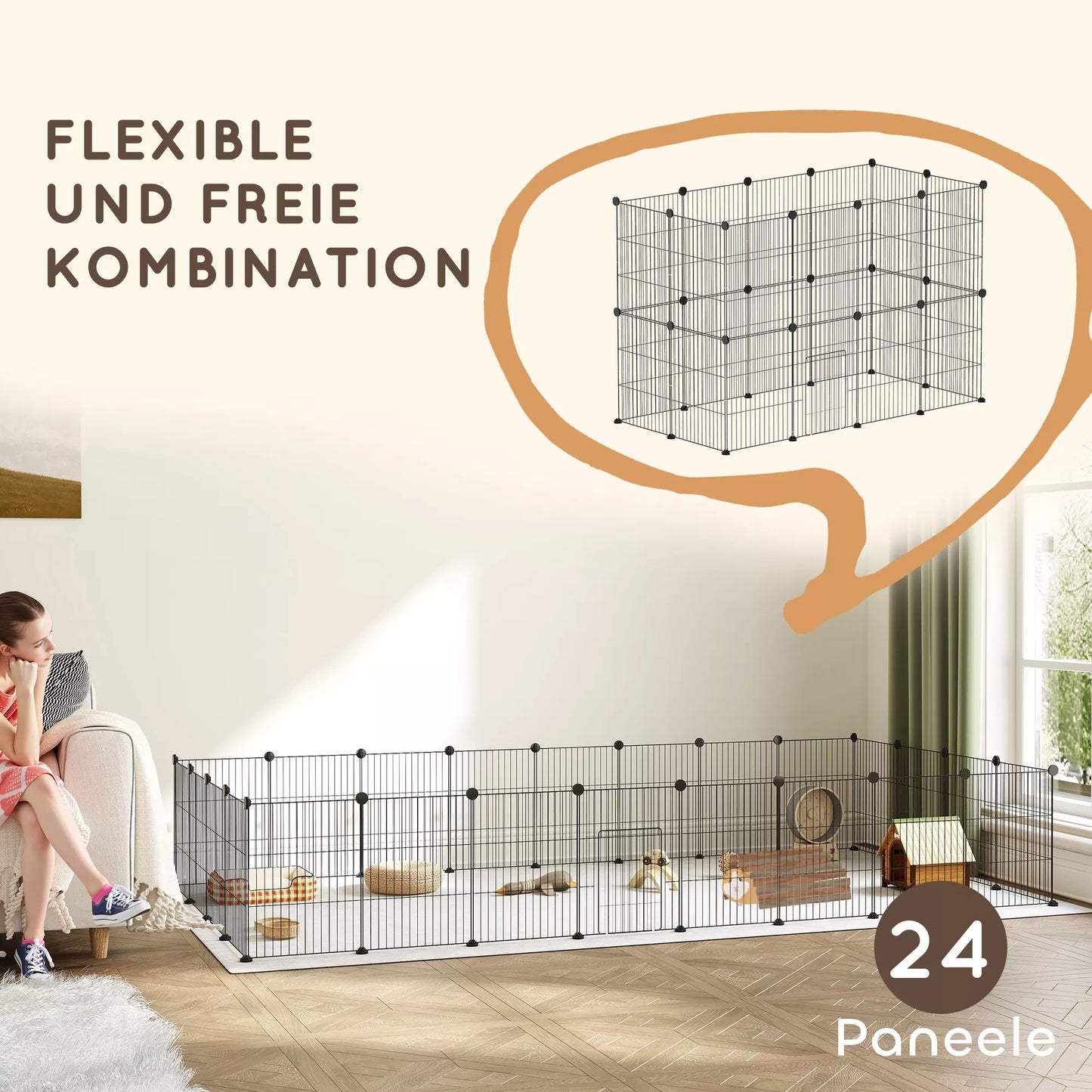 Narvelis smulkiems gyvūnams, lauko aptvaras, modulinė konstrukcija, 0,72 m² plotas, plienas, juodas