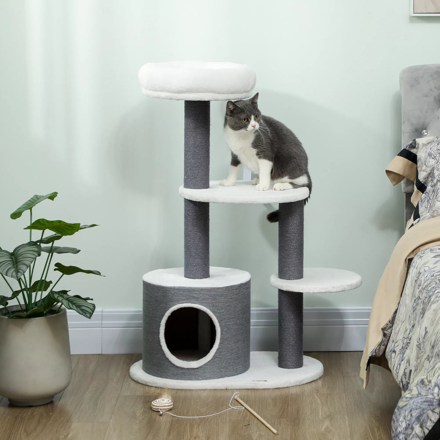 Cat tree with 1 cat cave, 1 cat bed, 2 platforms, felt rope posts, white + gray