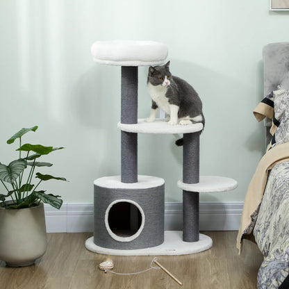 Cat tree with 1 cat cave, 1 cat bed, 2 platforms, felt rope posts, white + gray