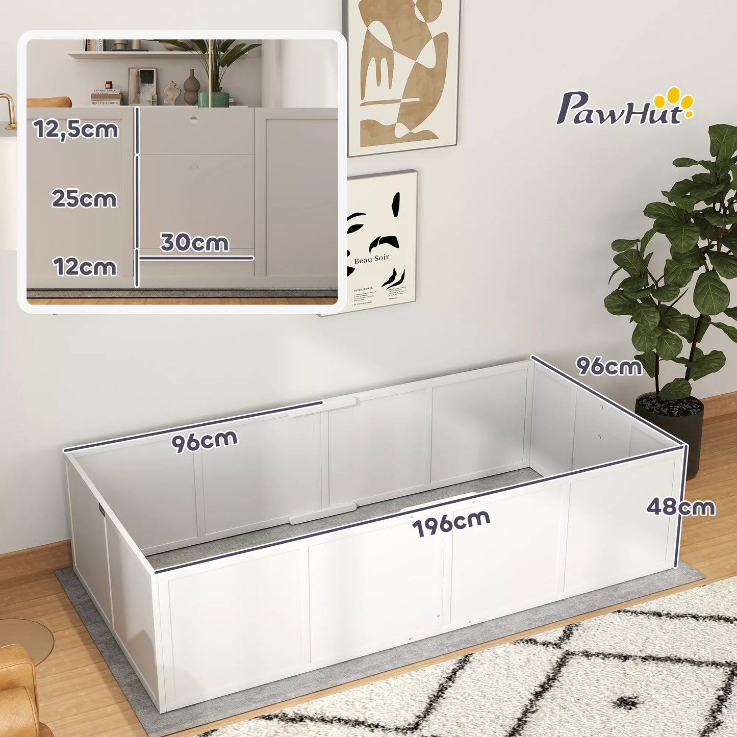 Suņu audzēšanas būris suņiem un kucēniem, ar regulējamām ieejām, lieliem un maziem suņiem, 196 x 96 x 48 cm, balts