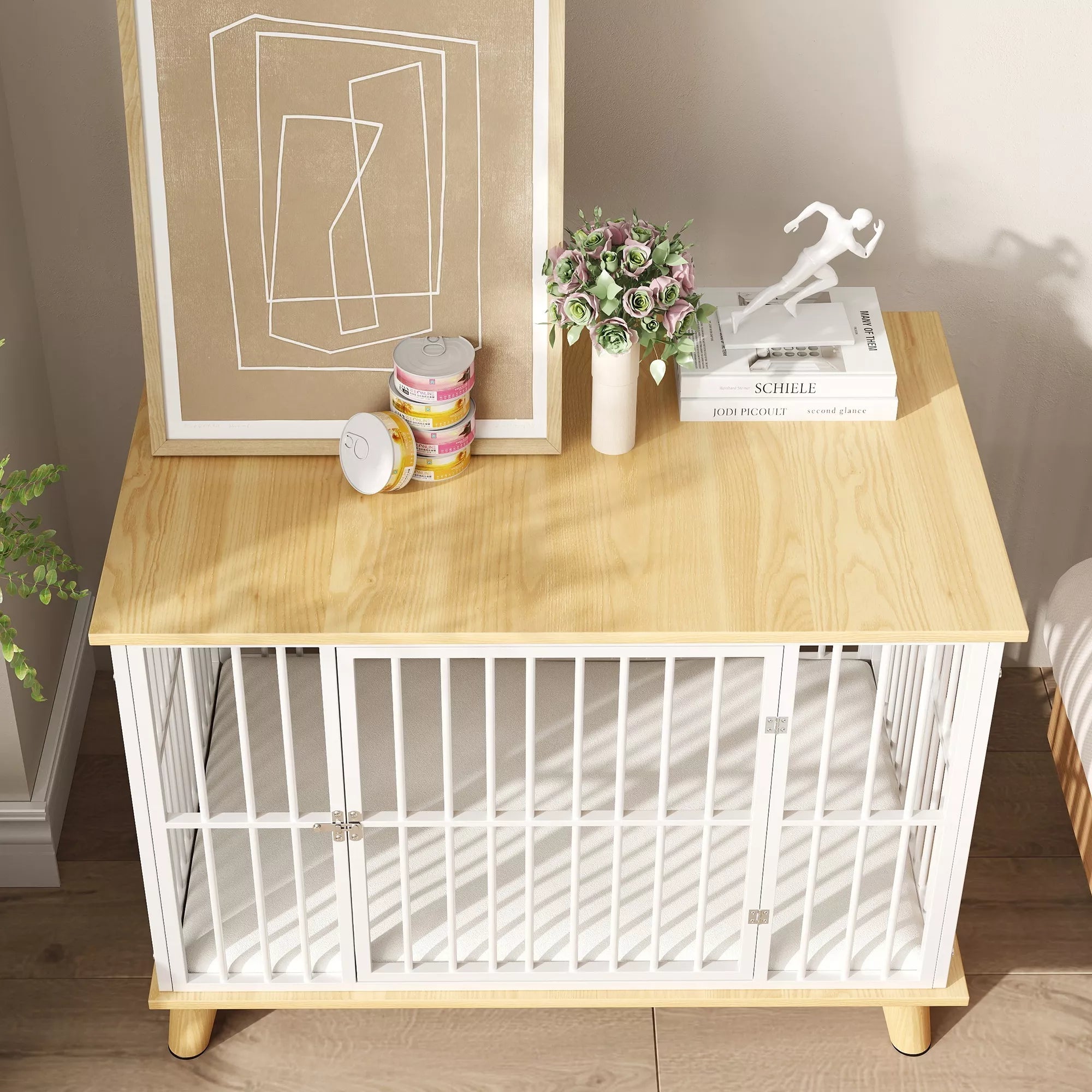 Suņu būris ar aizslēdzamām durvīm, noņemamu spilvenu, labu ventilāciju, tērauda, ​​86x60x70 cm, balts+pelēks