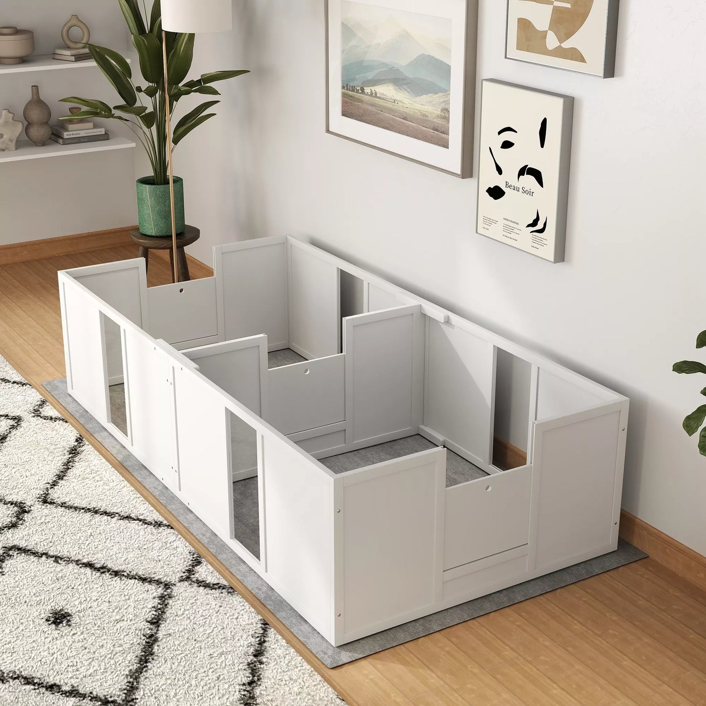 PawHut Veisimo dėžė šuniukams, dalijama į 2 skyrius, su akriliniu langeliu, 196 x 96 x 48 cm, balta