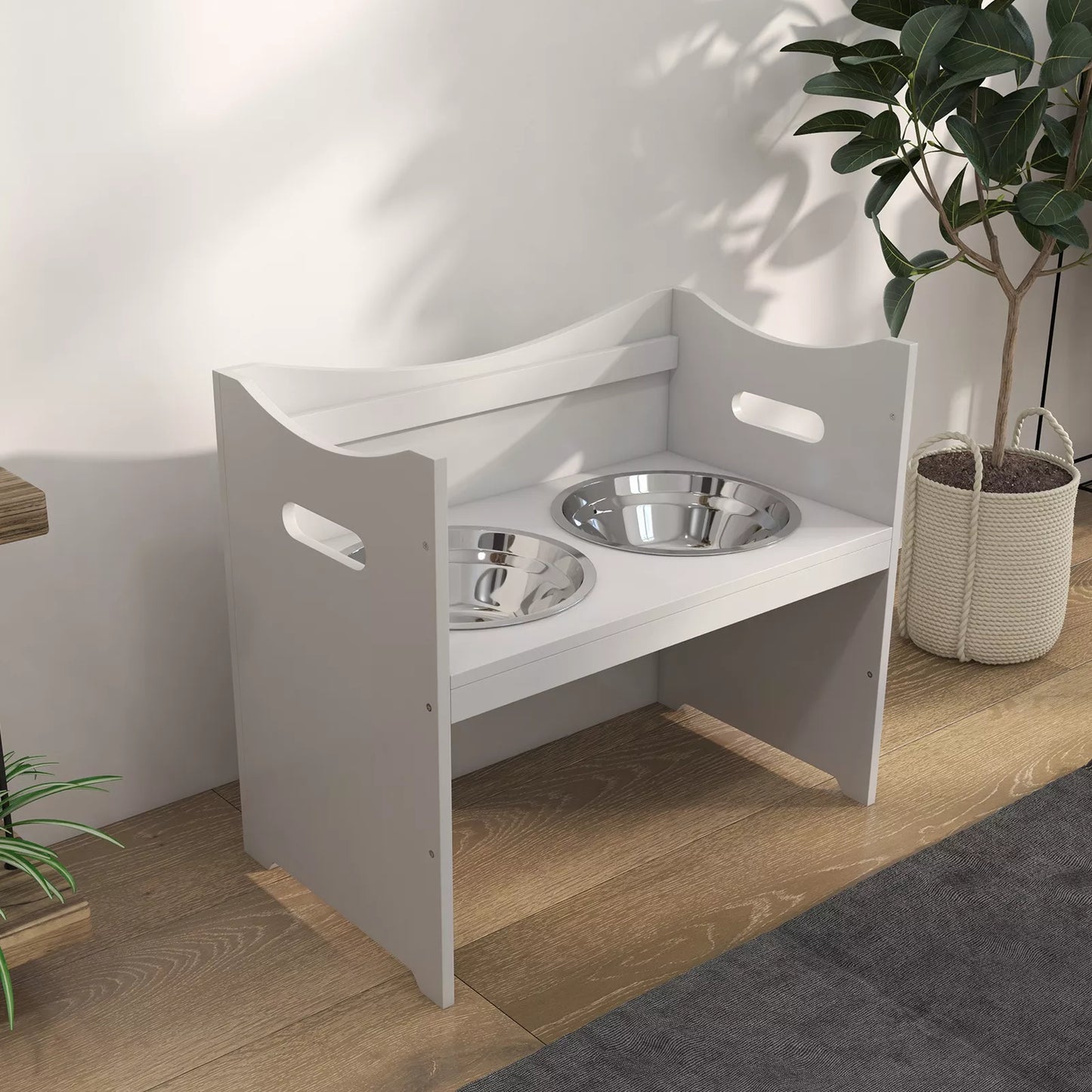 Suņu barības stacija, 2 nerūsējošā tērauda bļodas, regulējams augstums, 54x31,5x47cm, balta