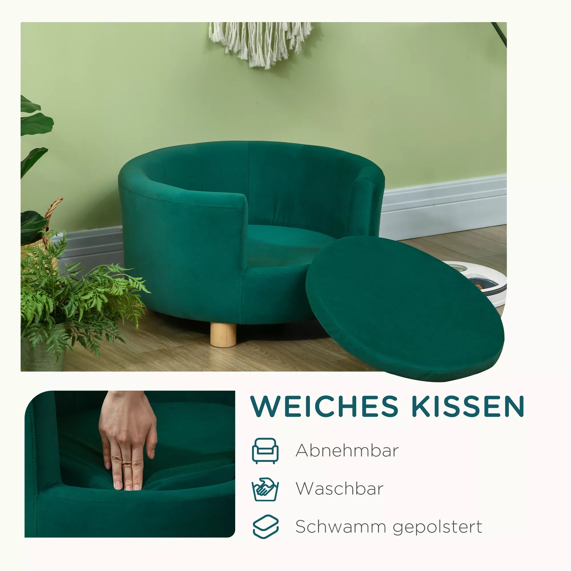 Suņu dīvāns, suņu dīvāns, ar mazgājamu pārvalku, mājdzīvnieku dīvāns ar atzveltni un koka kājām, kaķu dīvāns, maziem suņiem līdz 4,5 kg, zaļš