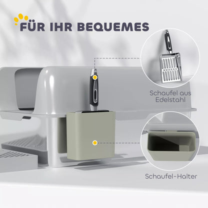 Cat litter box, stainless steel, high walls, storage box, light gray