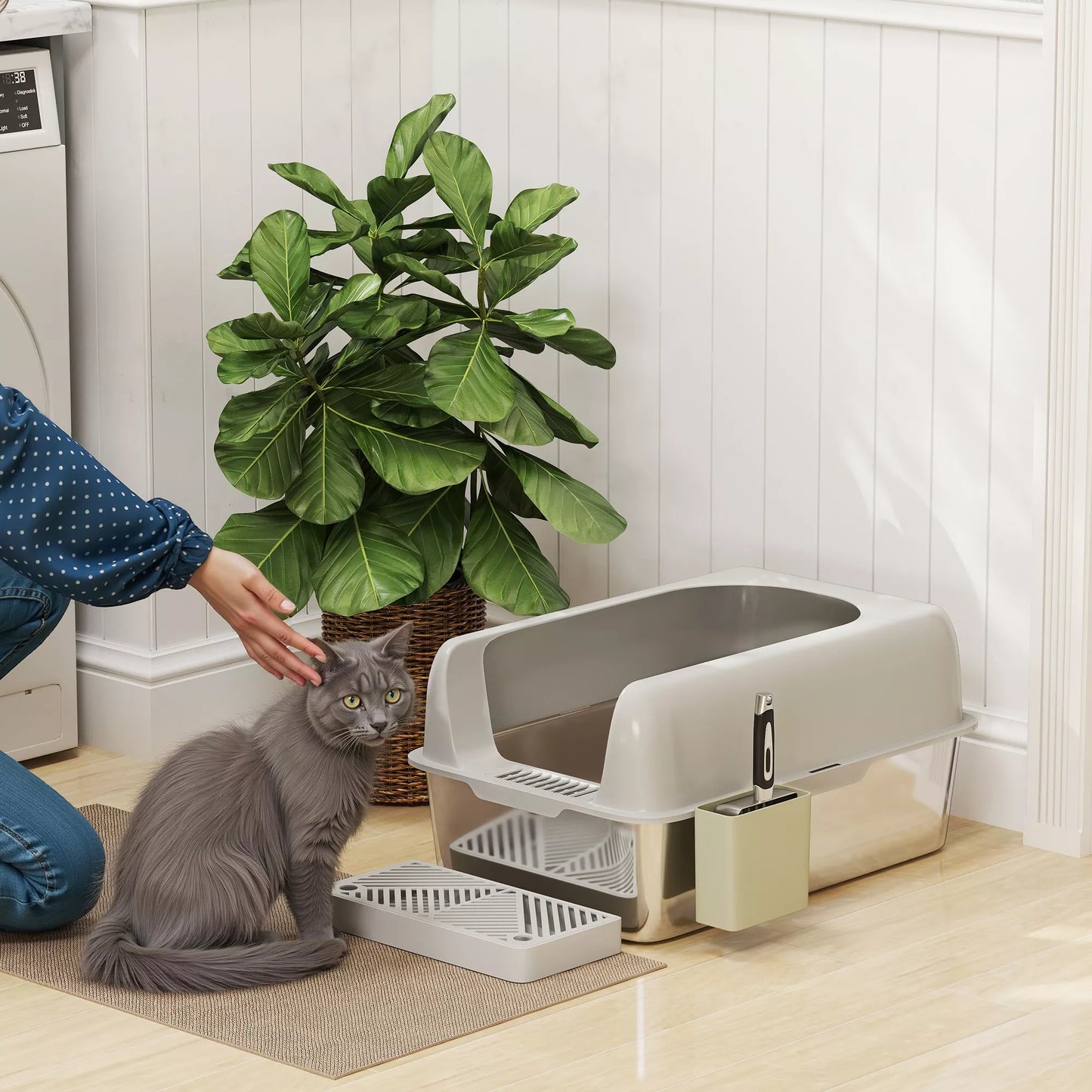 Cat litter box, stainless steel, high walls, storage box, light gray