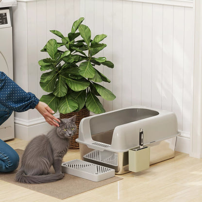 Cat litter box, stainless steel, high walls, storage box, light gray