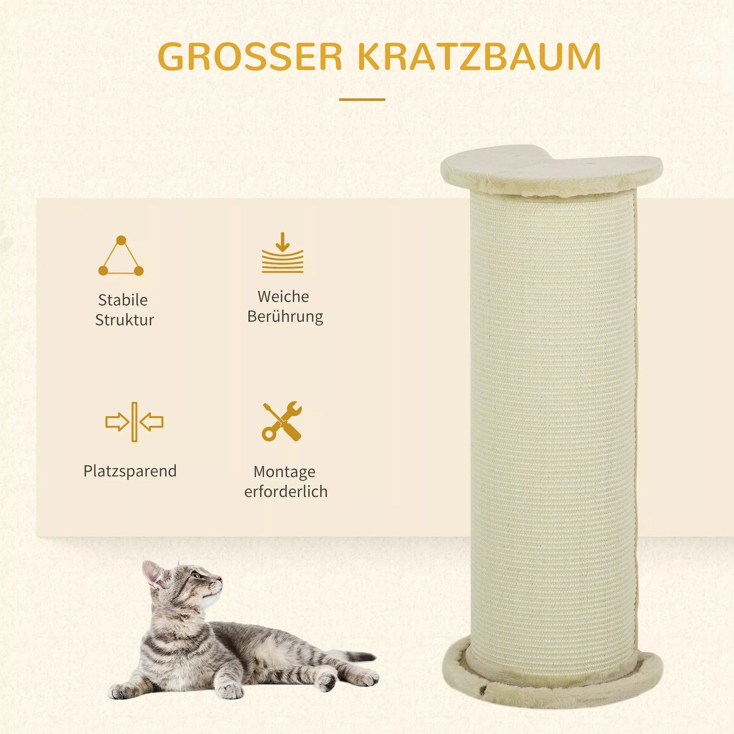 Katės draskyklė, kampinis dizainas, taupanti vietą, 35 cm x 35 cm x 85 cm, kreminė balta