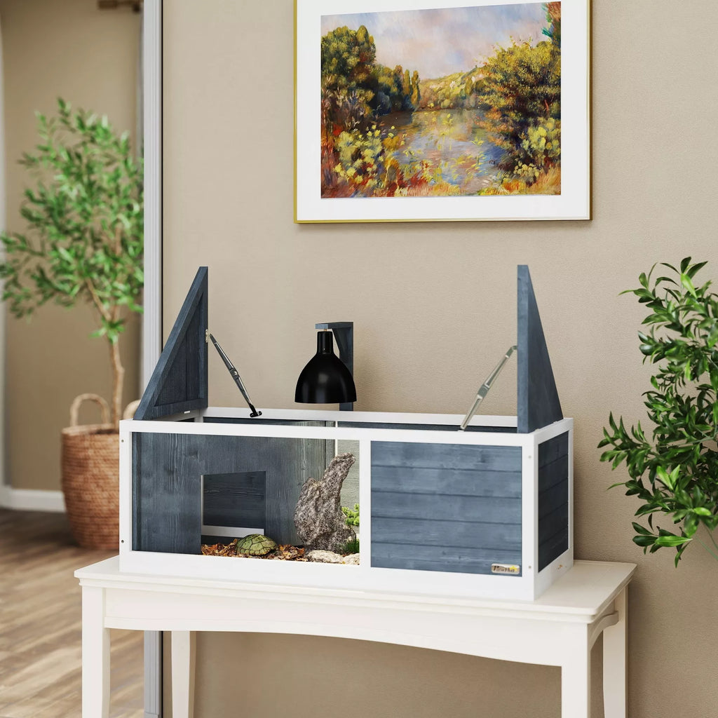 Vėžlių namelis su lengvai atidaromu viršumi, lempos laikikliu, permatoma priekine dalimi, 120 x 50 x 40 cm, Pilka