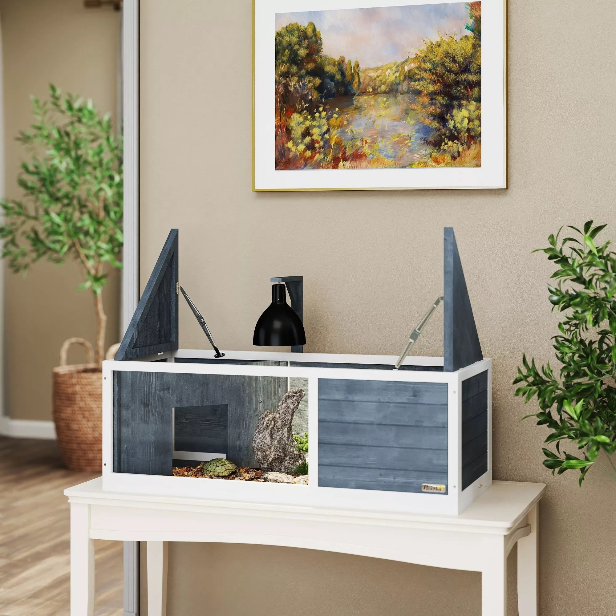 Vėžlių namelis su lengvai atidaromu viršumi, lempos laikikliu, permatoma priekine dalimi, 120 x 50 x 40 cm, Pilka