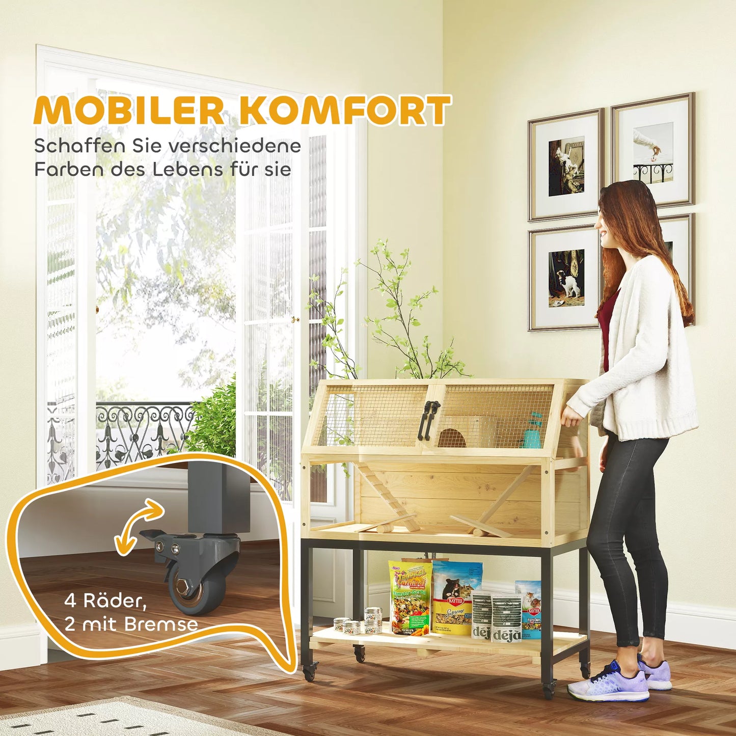 Koka būris pundurkāmjiem ar uzglabāšanas nodalījumu, riteņiem, rampām, ūdens pudeli, mājiņu, šūpolēm, 87 x 43 x 101 cm