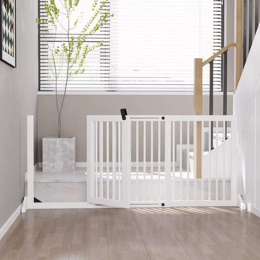 PawHut Koka brīvi stāvošs suņu nožogojums ar durvīm, konfigurējams, piemērots kamīnam un plītij, balts 113-166 x 36 x 71 cm