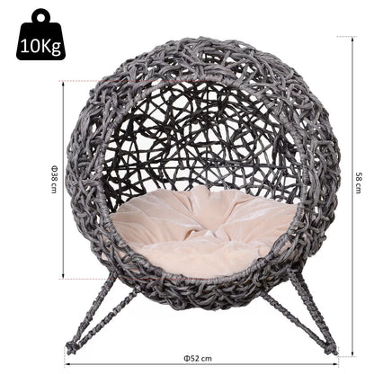 Rattan cat house with cushion, cat sleeping place, cat bed with raised legs, silver gray, Ø52 x 58 cm