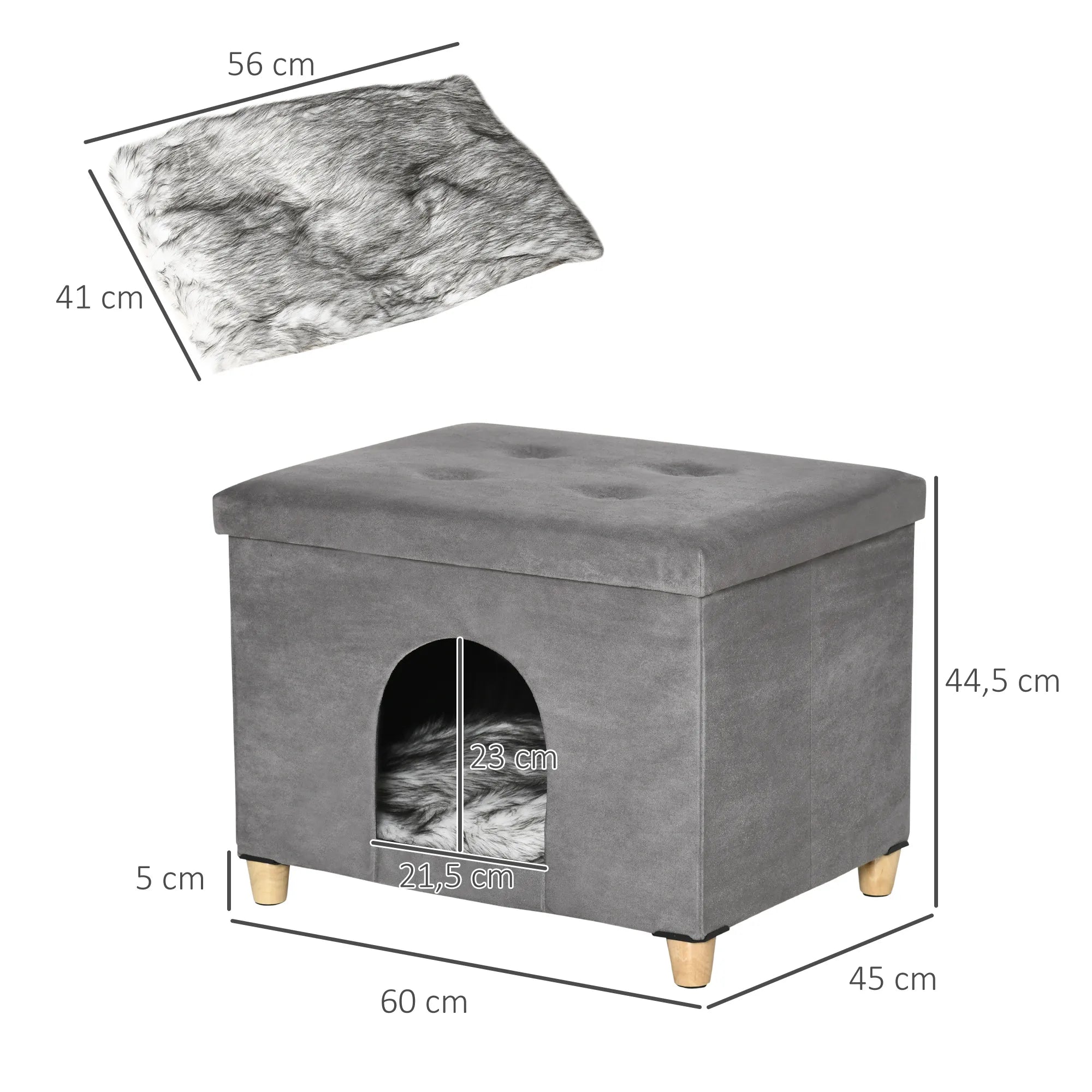 2-IN-1 kačių urvas pufas su pagalvėle medinės kojos kačių namelis kačių krepšys minkštas paminkštintas ottomanas elegantiškas dizainas nuimamas MDF pliušas pilkas 60 x 45 x 44,5 cm