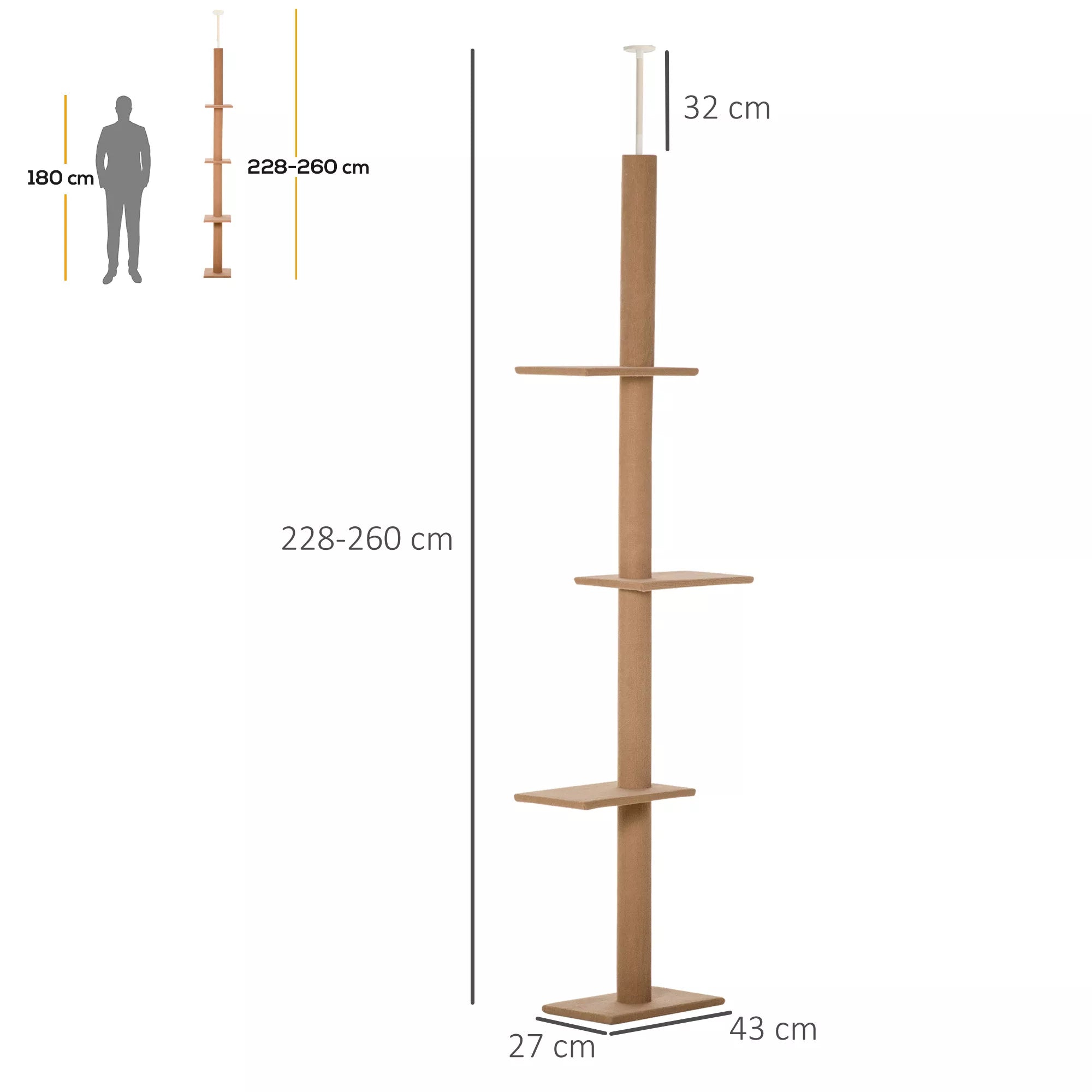 Griestu kaķu skrāpēšanas stabs, 228–260 cm, augstumā regulējams kaķu kāpšanas koks ar 3 līmeņiem, kaķu skrāpēšanas stabs, rotaļu koks no grīdas līdz griestiem, gaiši brūns