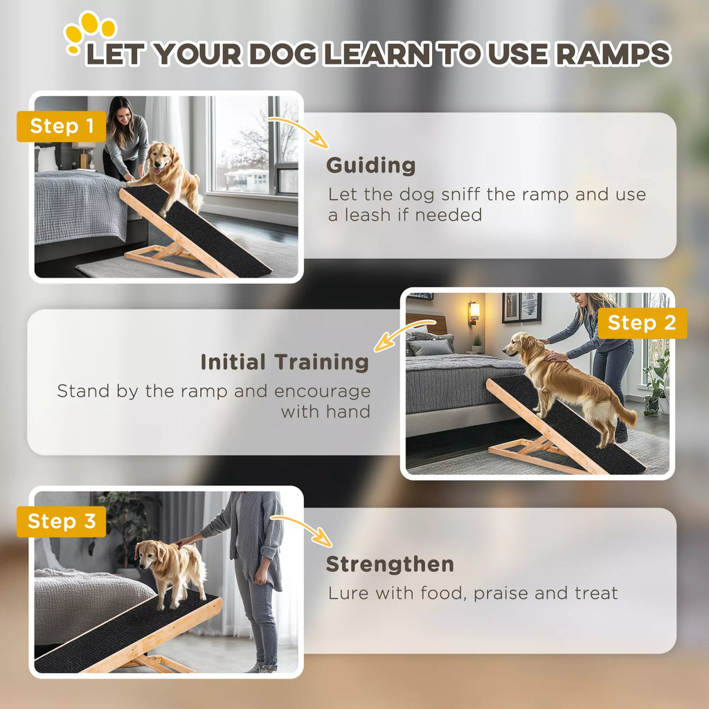 Regulējama suņu rampa ar neslīdošu paklājiņu lieliem suņiem. Materiāls: priedes koks, poliesters. Krāsa: melna + dabīgs koks. Izmēri: 90 cm garums x 40 cm platums x 61 cm augstums.