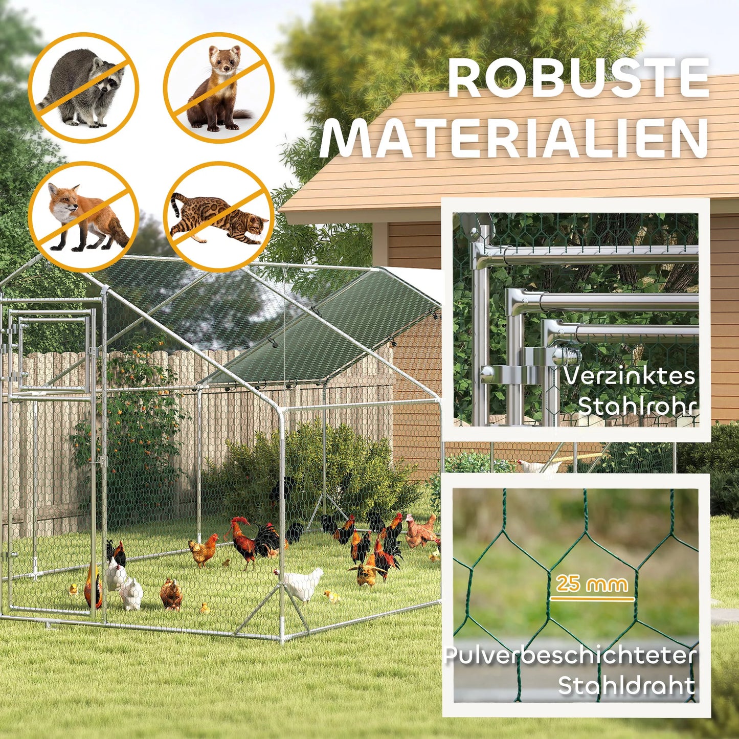 Vištidė, lauko aptvaras vištoms, su UV atsparia danga, plieniniu tinkleliu, lesyklėlė, 18-24 vištoms