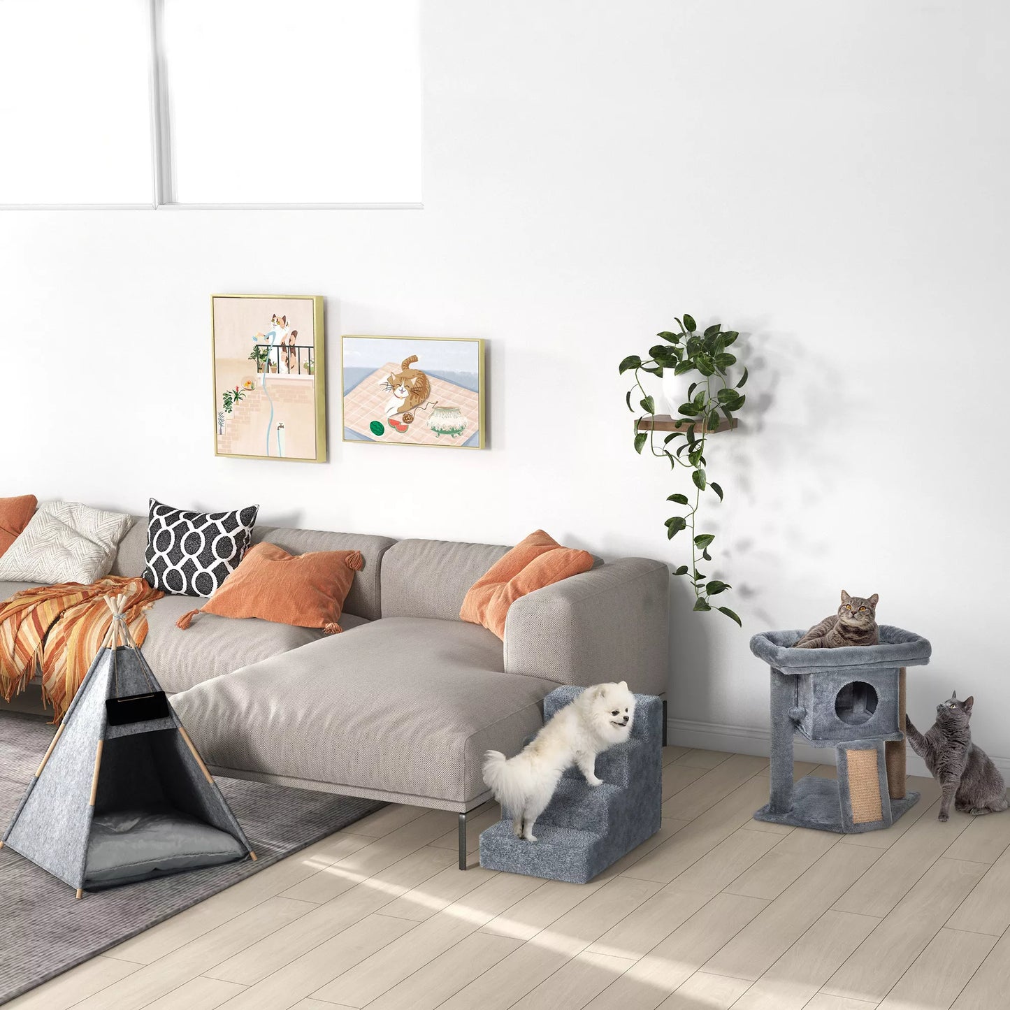 Šunų laipteliai 4 pakopų, 35 cm, Kačių laipteliai lovai ir sofai, Augintinių laipteliai šunims ir katėms iki 5 kg, pliušinė išvaizda, šviesiai pilka
