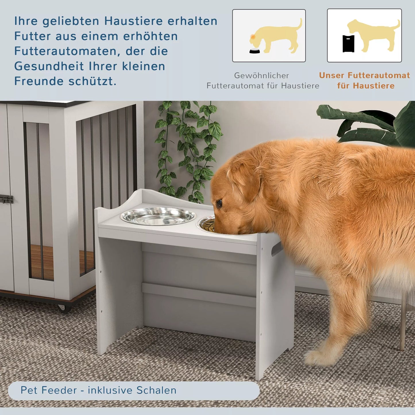 Suņu barības stacija, 2 nerūsējošā tērauda bļodas, regulējams augstums, 54x31,5x47cm, balta