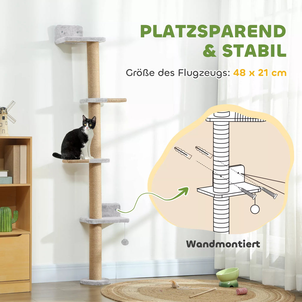 Katės draskyklė, 5 pakopų dizainas, su žaislu, sizaliniai stulpeliai, pliušinis audinys, šviesiai pilka