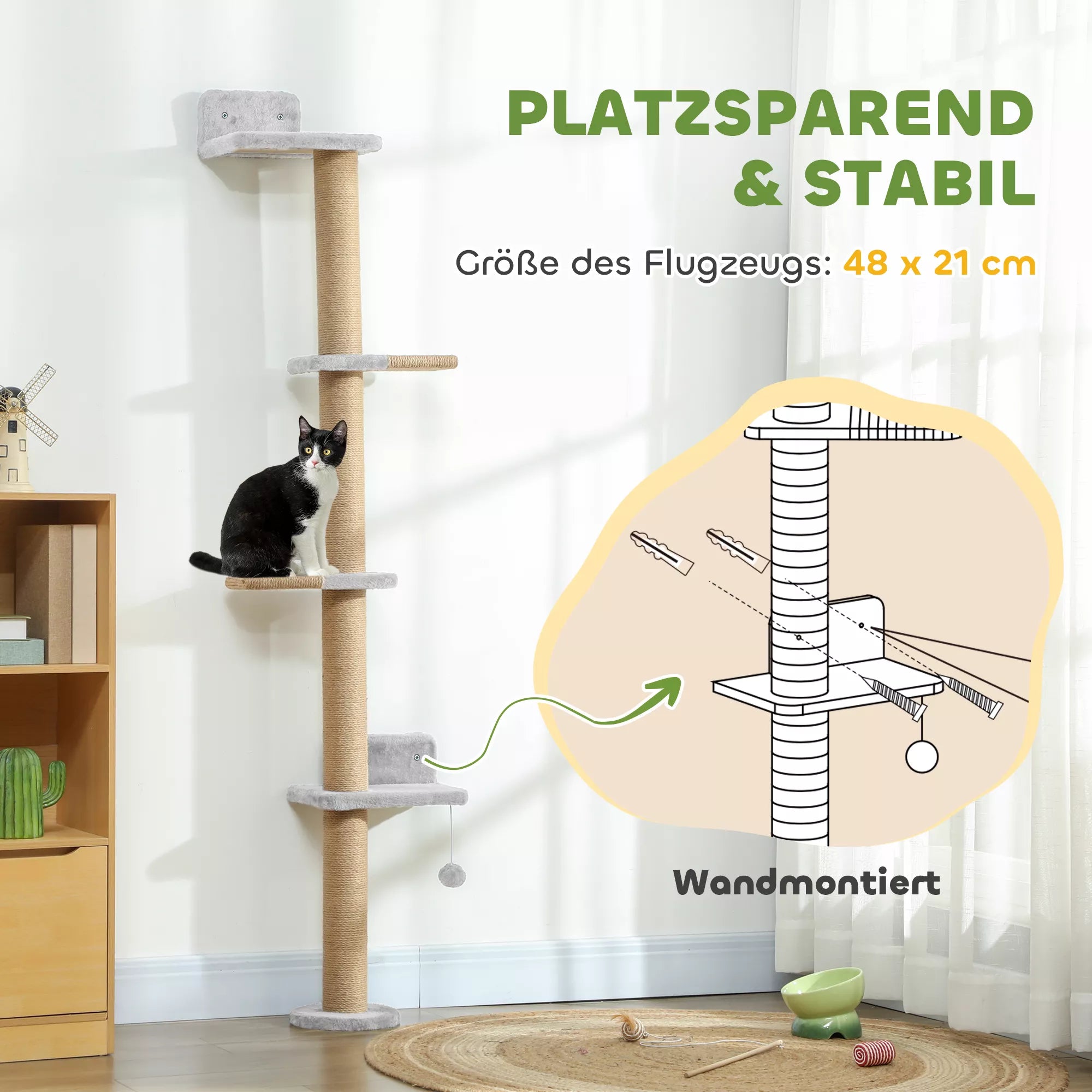 Katės draskyklė, 5 pakopų dizainas, su žaislu, sizaliniai stulpeliai, pliušinis audinys, šviesiai pilka