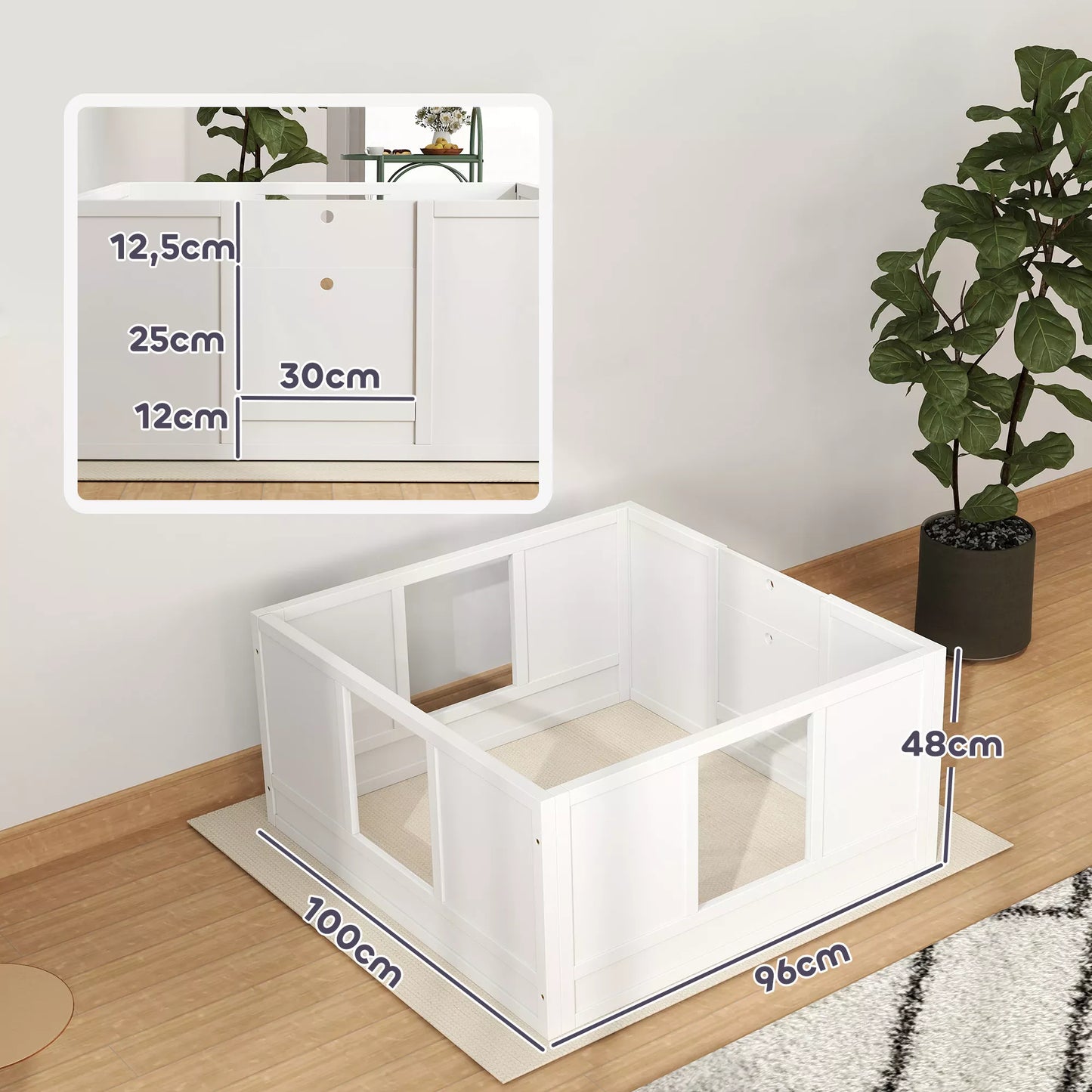 Šuniukų dėžė mažiems ir vidutinio dydžio šunims, šuniukų dėžė su reguliuojamu įėjimu, neslystančiais pėdelių paminkštinimais, balta